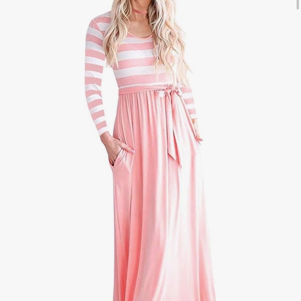 PESION Women's Striped Print Long Sleeve Tie Waist Maxi Dress with Pockets Pink